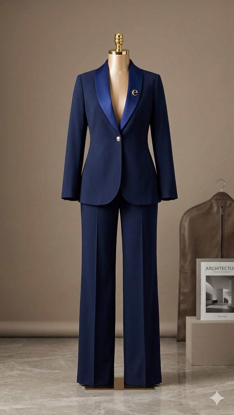 SHe by AS Satin-Lapel Wide-Leg Power Suit – Deep Navy Blue