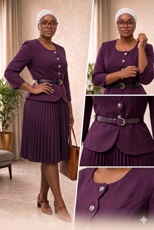 SHe by AS Scallop-Edge Pleated Corporate Set – Royal Plum Purple