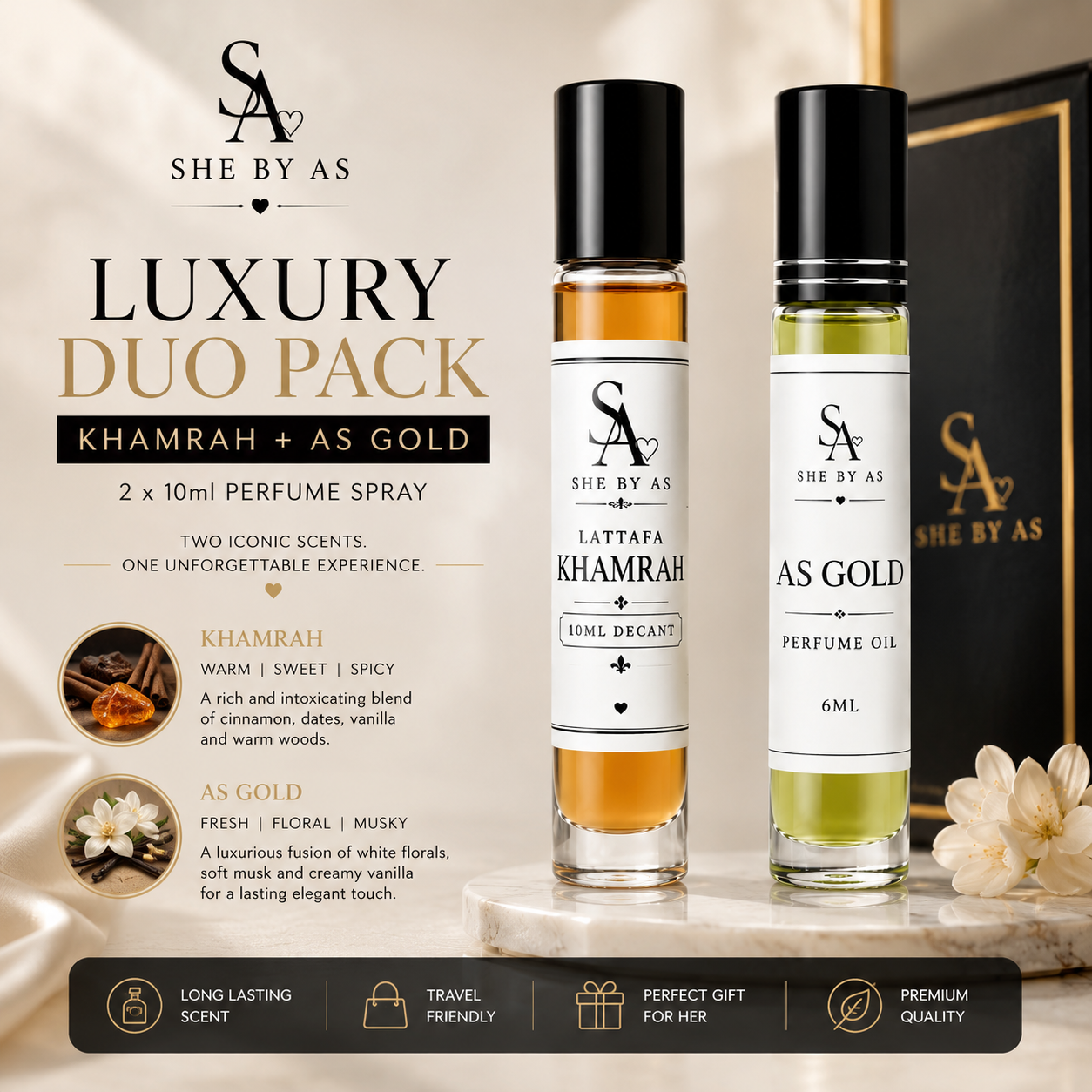 Luxury duo pack Gold Concentrated Perfume Oil and Khamrah Lattafa- 10ml 2x Spray