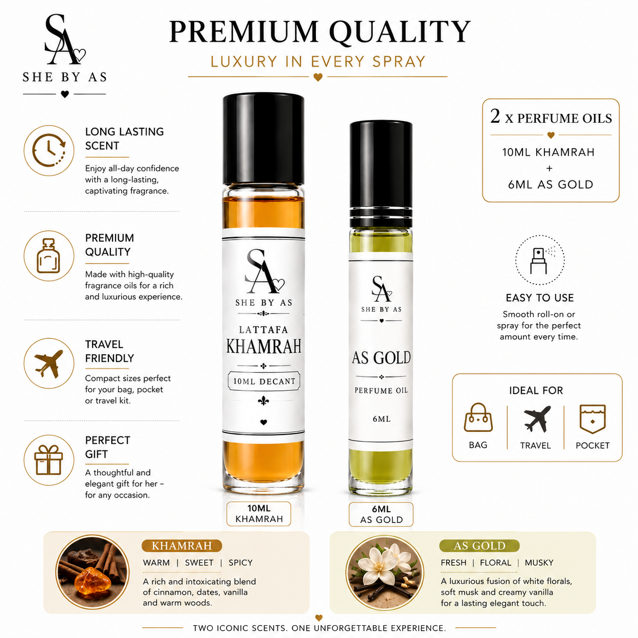 Luxury duo pack Gold Concentrated Perfume Oil and Khamrah Lattafa- 10ml 2x Spray